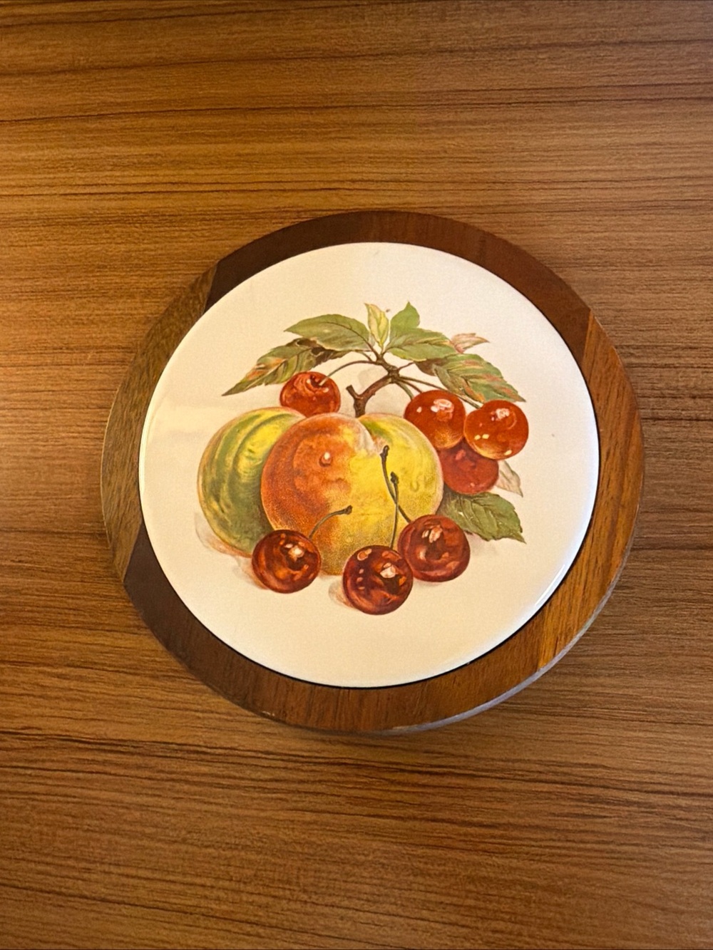 Vintage Ozark Walnutware Trivet Ceramic Tile Inlay Fruit Peach Cherries MCM